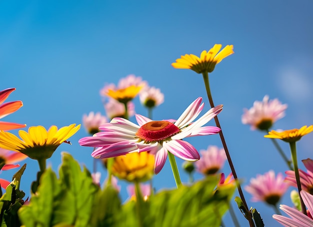 Une marguerite colorée sous la lumière du soleil du ciel bleu