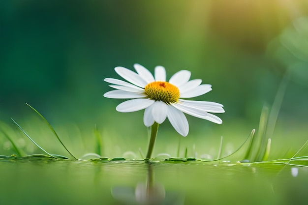 une marguerite dans l'herbe avec un reflet du soleil derrière elle.