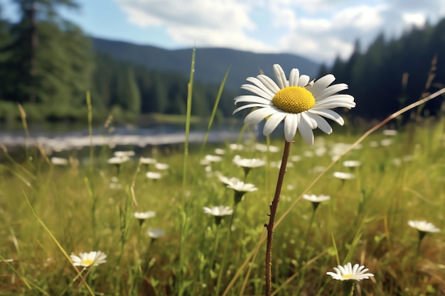 Une marguerite dans un pré avec un pré pittoresque vide