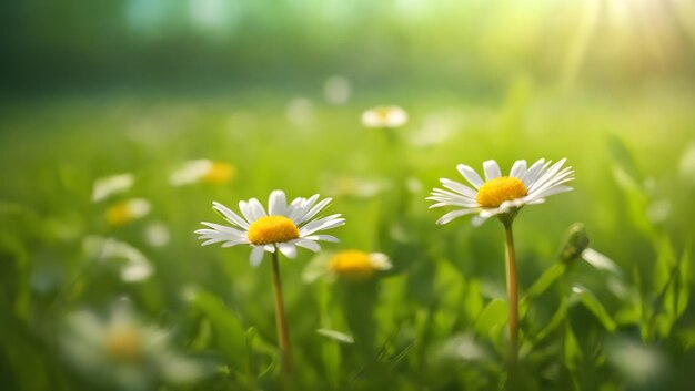 Marguerite sur le prairie vert ensoleillé du printemps Arrière-plan flou lumineux