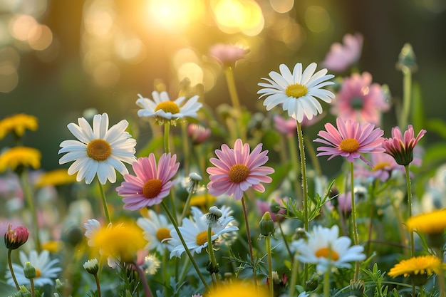 Les marguerites baisées par le soleil fleurissent dans une prairie vibrante qui englobe l'essence du printemps.