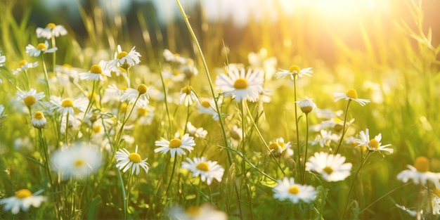 Des marguerites blanches sur un champ vert