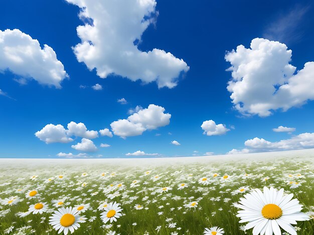 Marguerites blanches dans le champ et ciel nuageux bleu