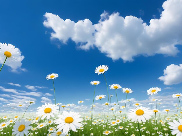 Marguerites blanches dans le champ et ciel nuageux bleu