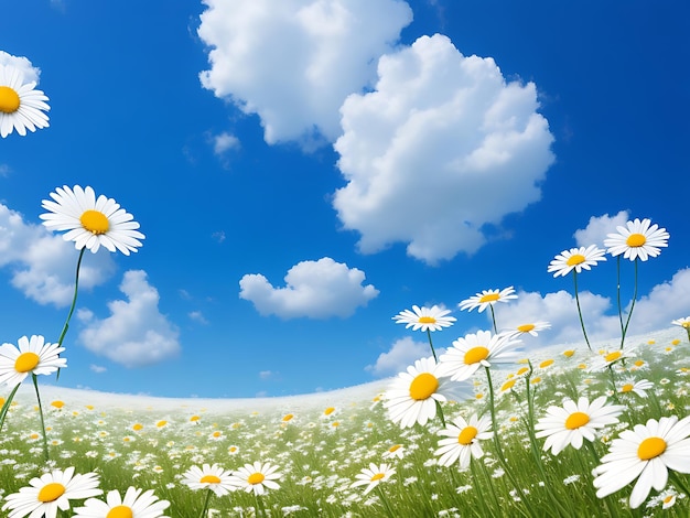 Marguerites blanches dans le champ et ciel nuageux bleu
