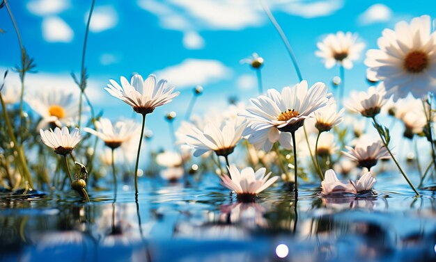 marguerites blanches sur fond blanc avec du bleu ensoleillé