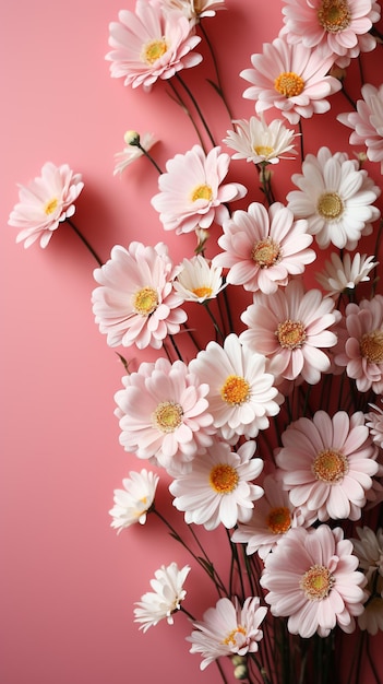 Marguerites blanches posées à côté d'un fond rose
