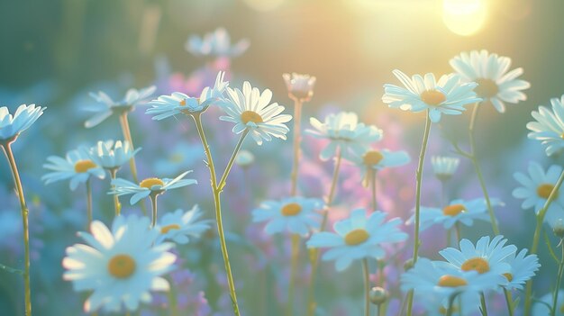 Des marguerites de camomilles macro en été au champ de printemps sur le fond du ciel bleu avec le soleil