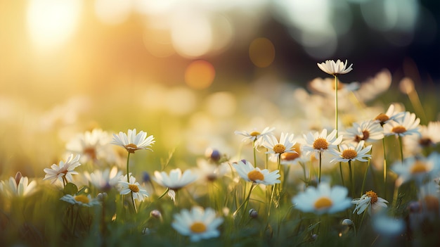 Marguerites sur un champ avec un beau soleil