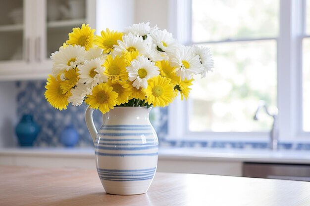 Des marguerites dans un vase sur la table de la cuisine