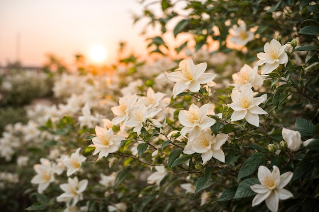 Des marguerites en fleurs dans un champ au coucher du soleil