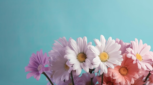 Marguerites fraîches et délicates sur un fond pastel vibrant et coloré Composition florale esthétique et élégante IA générative