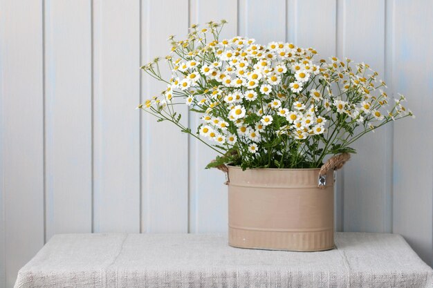 Des marguerites de jardin sur la table à l'intérieur de l'intérieur du chalet un bouquet de fleurs d'été