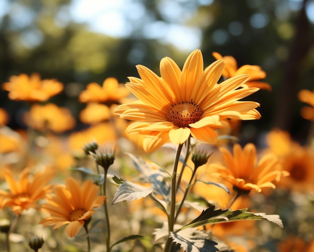 marguerites orange fleurissant dans un champ avec des arbres en arrière-plan