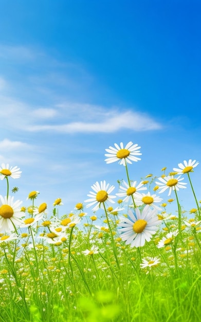 Marguerites sur un pré avec un ciel bleu et des nuages