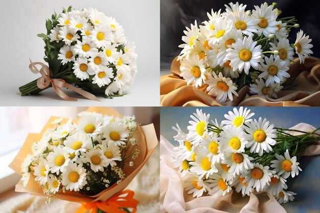 Photo marguerites réalistes dans un bouquet dans l'emballage