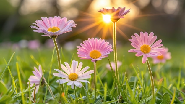 Des marguerites roses dans l'herbe sur le fond des rayons du soleil, des prairies d'été.