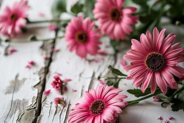 Des marguerites roses sur un fond en bois blanc