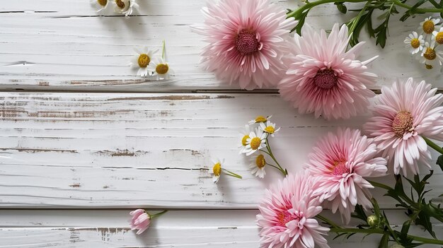 Des marguerites roses sur un fond en bois blanc