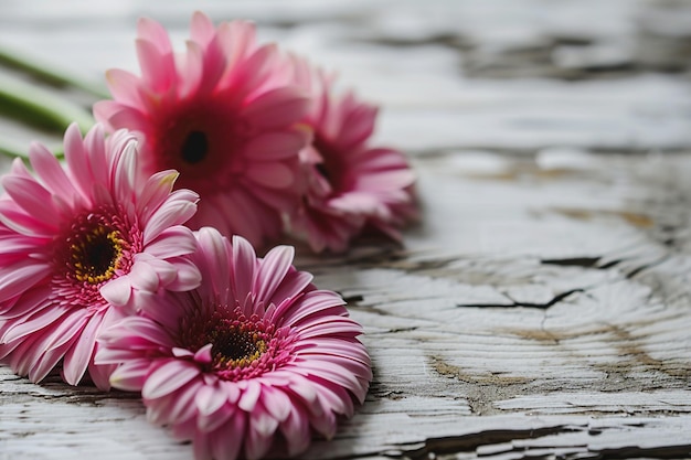 Des marguerites roses sur un fond en bois blanc