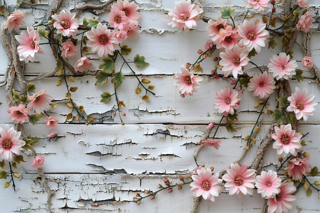 Des marguerites roses de printemps sur un bois blanc
