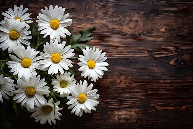 Des marguerites sur une table en bois