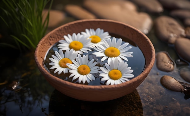 Des marguerites vibrantes ornent un bol d'argile rempli d'eau