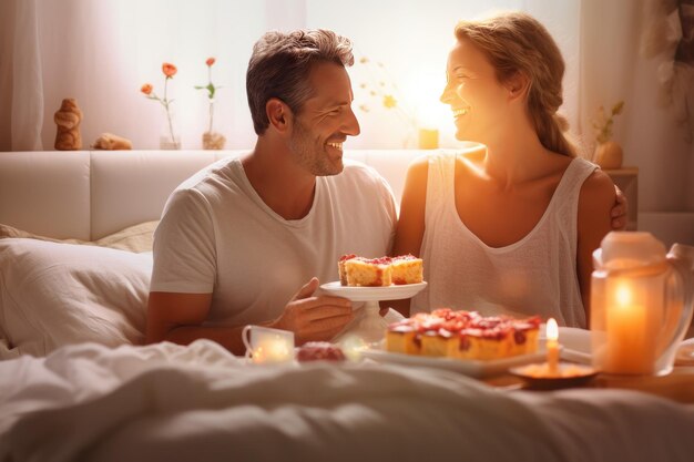 Un mari amoureux apporte le petit-déjeuner à sa femme