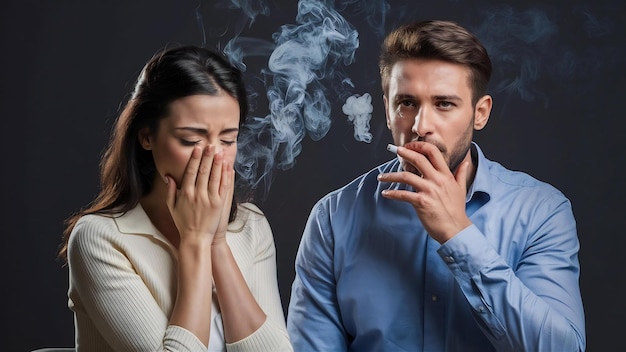 Photo le mari fume une cigarette et la femme s'étouffe de la fumée l'homme fume une cigarrette et la femmes la couvre