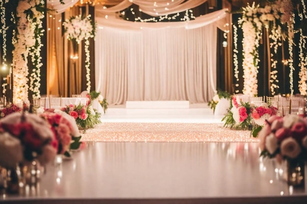 un mariage avec des fleurs et une grande table avec un thème blanc et rose