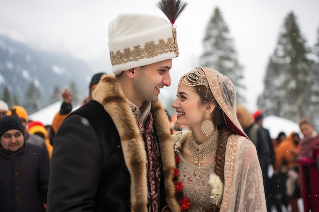 Le mariage de l'Himalaya La mariée et le marié d'Himachali en tenue traditionnelle