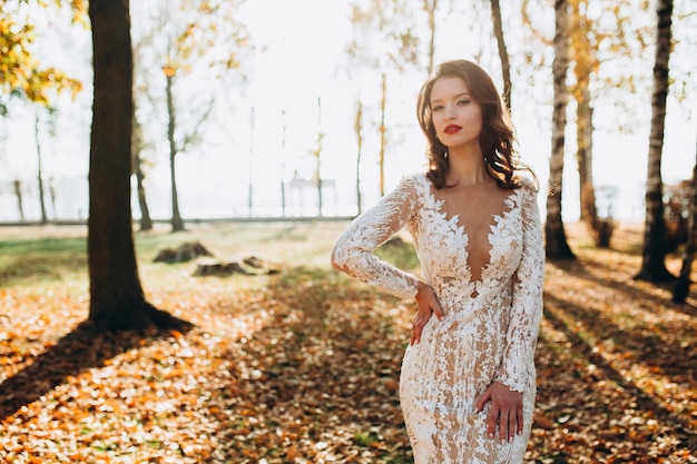 Mariage Jeune belle mariée avec coiffure et maquillage posant en robe blanche et voile Portrait d'été lumière douce coucher de soleil Fille regardant à huis clos