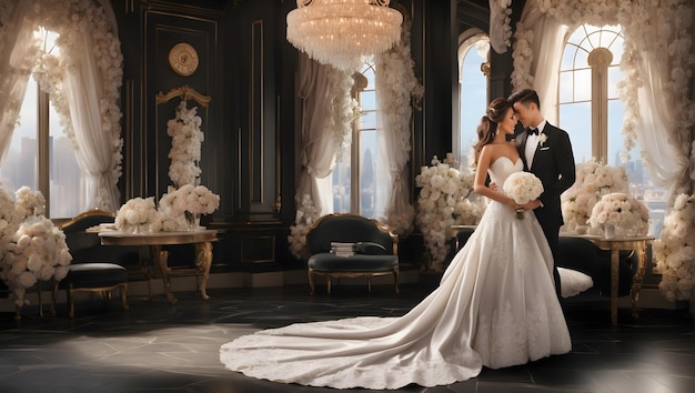 Un mariage luxueux dans une grande salle de bal remplie de décorations élégantes et d'arrangements floraux