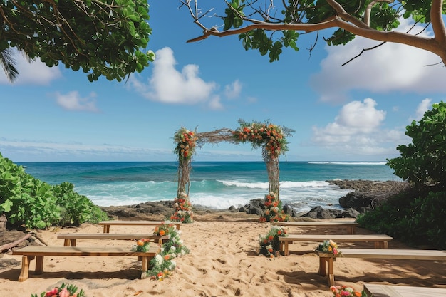 Un mariage sur la plage avec une vue imprenable sur l'océan alors que les invités se rassemblent pour célébrer le jour spécial un mariage pittoresque sur la côte hawaïenne avec un arrangement floral généré par l'IA