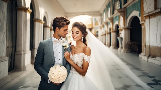 Mariage portrait de jeunes mariés heureux un homme et une femme s'embrassant après la cérémonie de mariage Belle mariée et marié