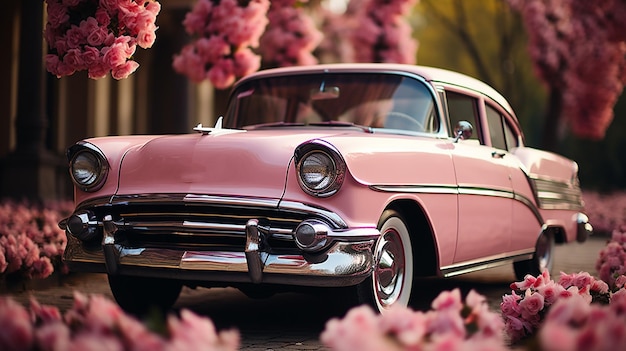 Photo mariage vieille voiture rose avec des fleurs generative ai