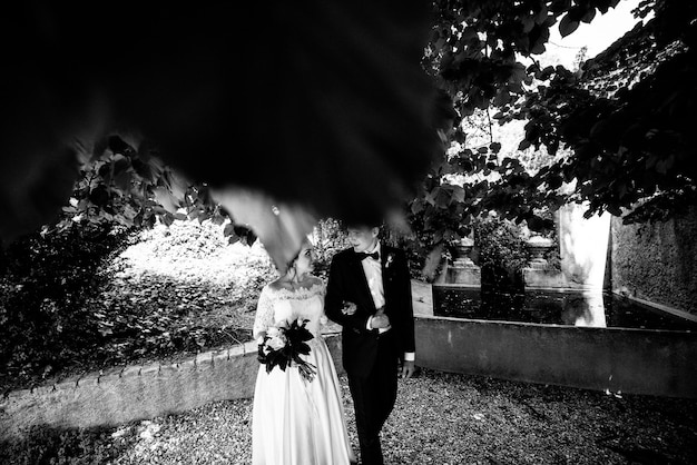 Le marié en costume embrasse la mariée dans une robe de mariée