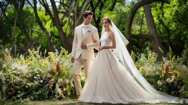 Le marié et la mariée le jour de leur mariage dans la forêt