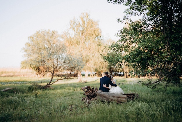 Le marié et la mariée marchent dans la forêt près d'une rivière étroite par un beau jour