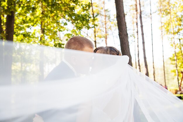 Le marié et la mariée s'embrassent passionnément