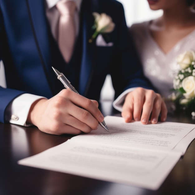 Photo le marié et la mariée signent leur contrat de mariage.