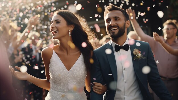 Photo le marié et la mariée sourient heureux dans l'atmosphère spéciale du mariage.