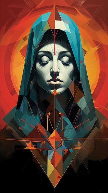 Marie mère de jésus prière géométrique triangles catholiques pleine couleur yeux ouverts