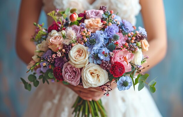 Le marié serrant un joli arrangement floral d'été