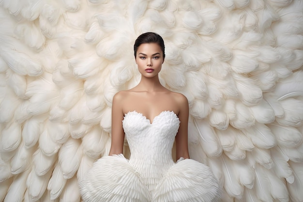 Une mariée avec des ailes d'ange blanches et une robe blanche