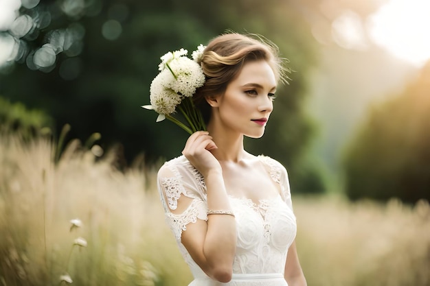 Mariée avec un bouquet de fleurs dans les cheveux