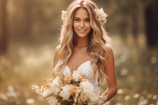 Une mariée avec un bouquet de fleurs