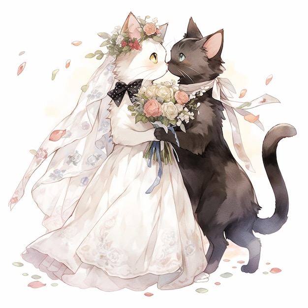 Mariée et chat en robe de mariée debout l'un à côté de l'autre ai générative