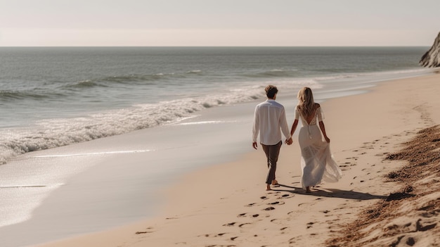 une mariée dans une élégante robe de mariée et son marié dans un costume élégant marchant main dans la main le long de la mer