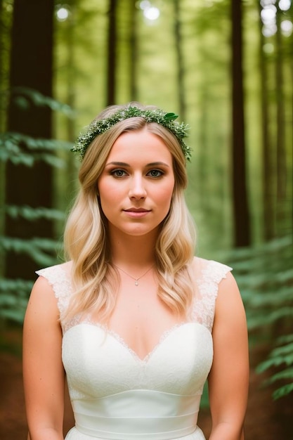 Une mariée dans une forêt portant une couronne de fleurs